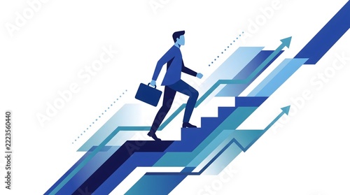 Business professional ascending upward steps, representing career progression, achievement, and continuous business growth