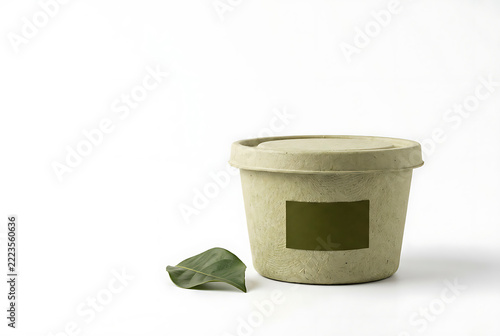 Biodegradable packaging container with natural leaf on white