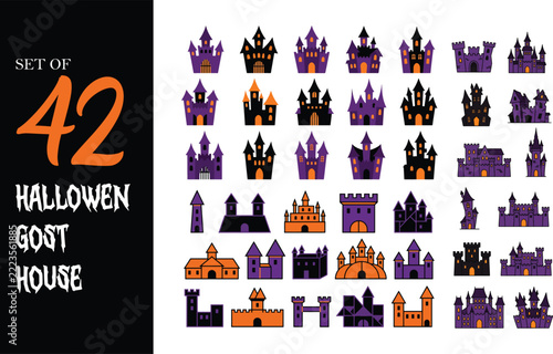 Collection of various halloween haunted house and castle silhouette icons
