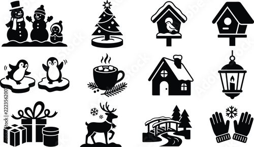 Christmas Silhouette Vector Icon Set with Santa Claus, Reindeer, Tree, Bell, Mittens, Drum, Gift Box, Snowman, Stocking, Lantern, Wreath, and Rocking Horse