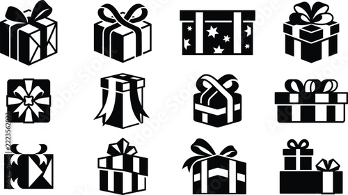 Christmas Gift Box Silhouette Vector Icon Set with Wrapped Present Boxes, Ribbons, Bows, and Festive Celebration Packages