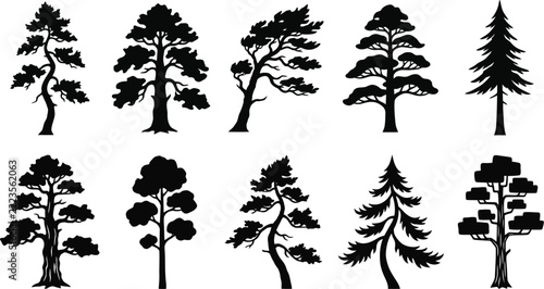Pine Trees Silhouette Vector Collection with Evergreen Pines, Bonsai Trees, Fir, Spruce, Cedar, and Forest Woodland Trees