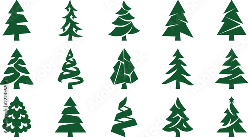 Adobe IllGreen Christmas Trees Vector Icon Set with Evergreen Pines, Geometric Fir Trees, Spiral Christmas Trees, and Forest Pine Silhouettesustrator Artwork