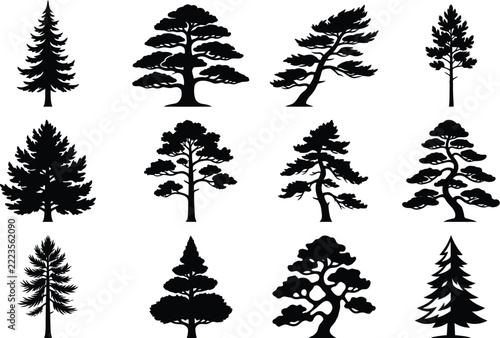 AdoPine Trees Silhouette Vector Collection with Evergreen Pines, Bonsai Trees, Fir, Spruce, Cedar, and Forest Woodland Treesbe Illustrator Artwork