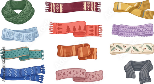 Adobe IllusWinter Scarves Vector Collection with Knitted Infinity Scarf, Pine Tree Pattern, Geometric, Polka Dot, and Woolen Warm Scarvestrator Artwork