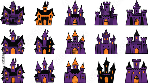 Set of halloween haunted castle and fortress icons with purple and orange color theme for seasonal holiday design