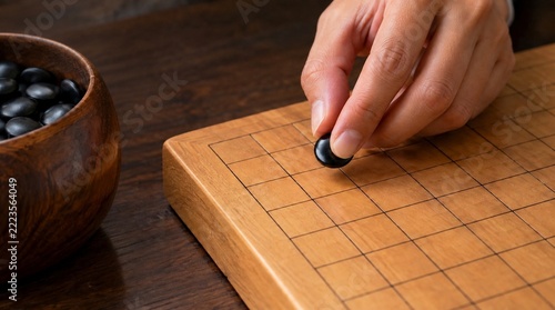 Manos colocando piedra negra sobre tablero chino estratégico