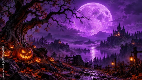Giant purple moon over glowing Halloween pumpkins and a misty fantasy valley