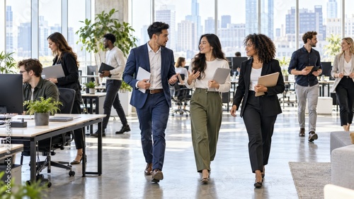 Young business professionals moving through a large contemporary open office