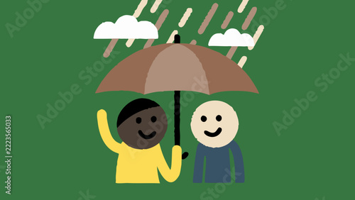 Couple sheltering under umbrella in heavy rain, symbolizing love, protection, support, care, relationship, safety and togetherness during difficult times