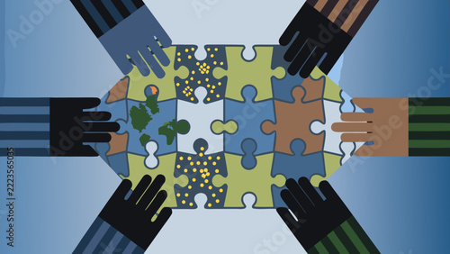 Diverse hands connecting colorful puzzle pieces, symbolizing teamwork, unity, cooperation, inclusion, diversity, community and collaborative problem solving