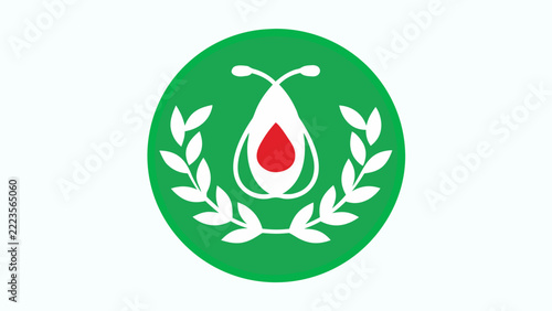 Blood donation symbol with red drop, white hands and laurel branches in green circle, representing healthcare, charity, support and life saving care