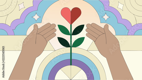 Hands protecting a growing flower with heart shaped petals, symbolizing care, love, support, kindness, hope, growth and environmental protection