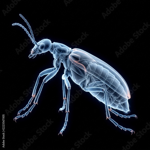 Detailed X-ray rendering of an insect showing internal anatomy on a black background.
