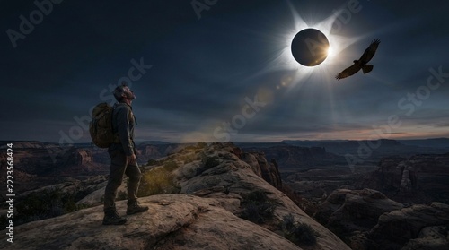 Man with backpack and eagle watching total solar eclipse on cliff[cite