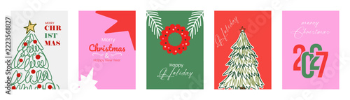 Vibrant Christmas and 2027 New Year Card Collection with Scribble Trees, Festive Wreath and Bold Typography. Trendy Holiday Vector Set for Posters, Banners and Social Media.