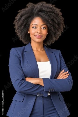 Confident businesswoman with natural afro and crossed arms on transparent bac...