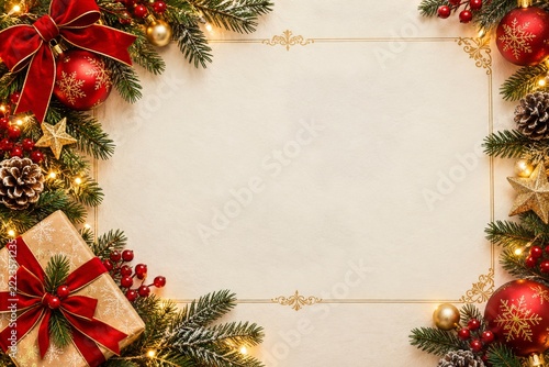 Christmas Invitation Card Layout with Festive Decorations and Gold Border