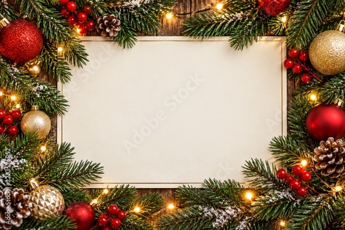 Christmas photo card layout with blank cream space and festive foliage