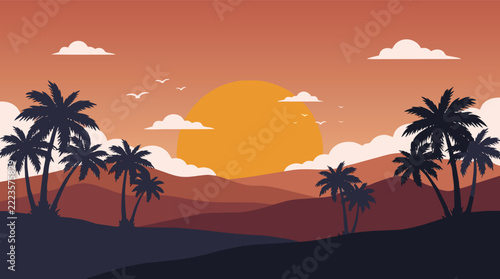 Flat vector illustration of tropical sunset with palm trees and mountains