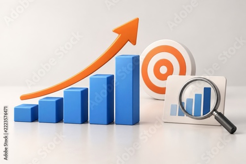 Business growth concept with rising blocks an arrow a target and analysis