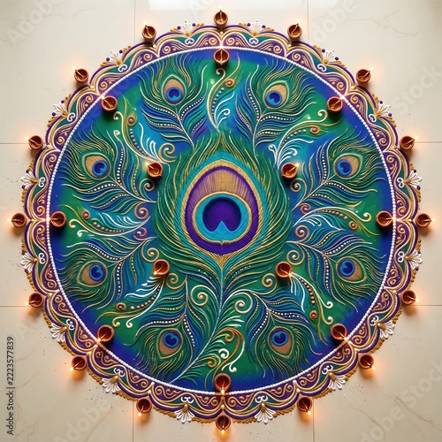 Colorful peacock rangoli design for Diwali festival celebration on
