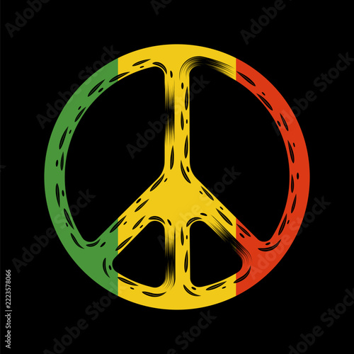 Сolor illustration with peace symbol in rasta flag colors. Isolated vector object on black background.