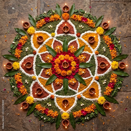 Traditional Diwali rangoli design with colorful flowers petals and
