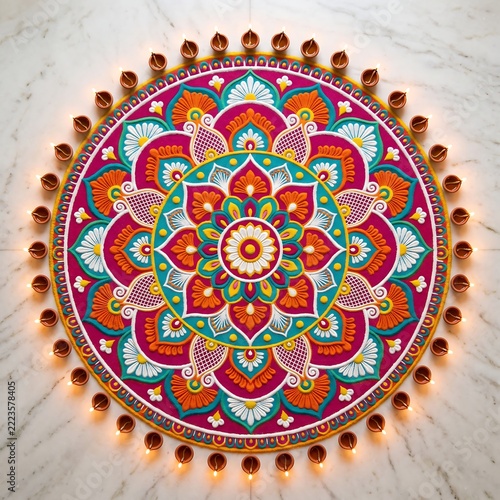Colorful traditional Diwali rangoli design with lit oil lamps for