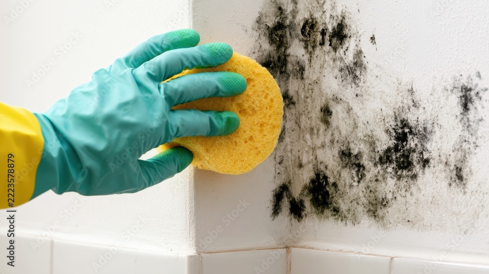 Fototapeta premium Person cleaning toxic black mold fungus on domestic white wall using yellow sponge. Household remediation process. Professional disinfection service presentation, home hygiene maintenance template.
