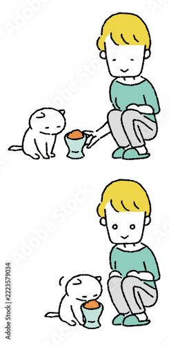 猫の食事シーン（エサやり・ご飯タイム）のイラスト