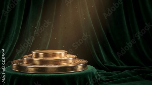 Luxury golden tiered podium with dark green velvet curtains and spotlight for product display