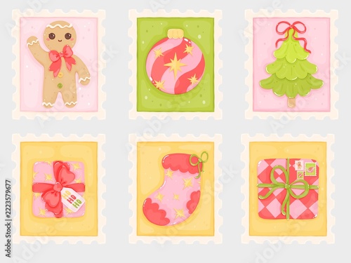 Cute Christmas Postage Stamp Set with Gingerbread Man, Tree, Ornament and Presents