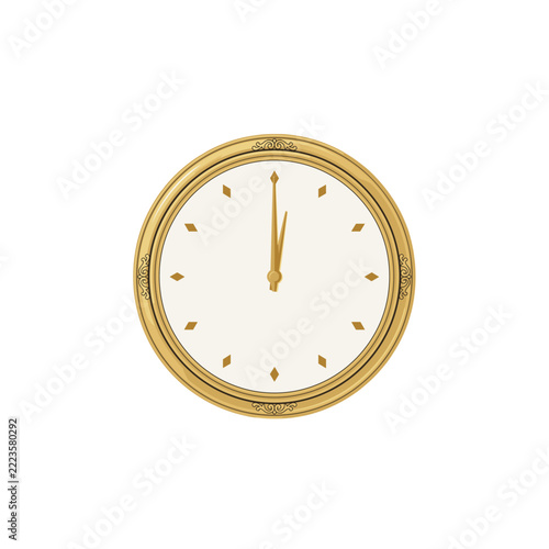A classic round clock with a golden border and Roman numeral markers indicating twelve o'clock.