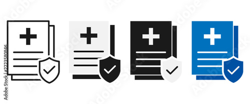 Medical insurance policy document icons set with shield and check mark.