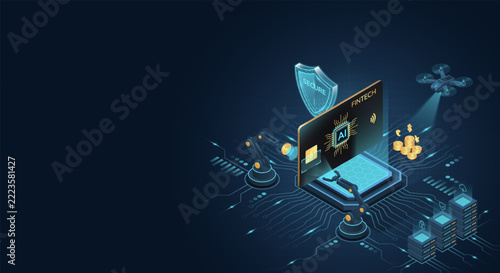 3D isometric AI FinTech and Anti-Fraud Security concept. Digital credit card, smart microchip, automated banking systems, cyber security and data protection vector illustration.