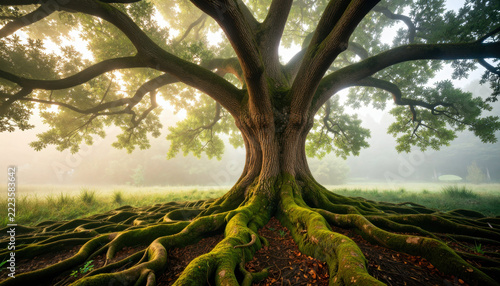Ancient tree massive roots mossy root large trunk spreading branch misty forest sunlit woodland old oak lush green serene nature
