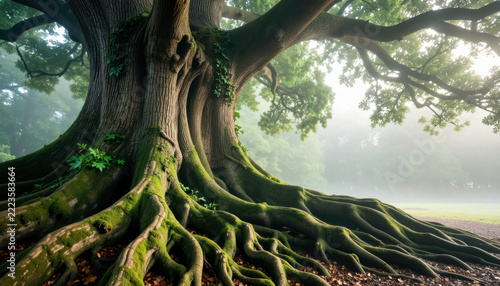 Ancient tree roots giant tree trunk moss covered root forest canopy low angle view misty forest old tree woodland scene green foliage natural light