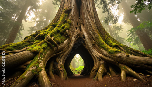 Ancient forest giant tree moss root trunk nature landscape woodland fog tunnel