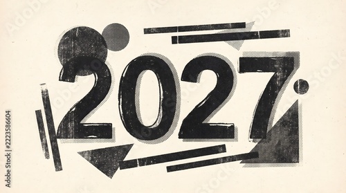 Abstract Retro 2027 Typography Design with Geometric Shapes Grunge Texture and Vintage Monochromatic Style Artwork
