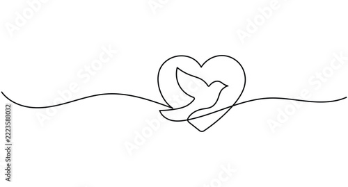 Dove heart continuous line art minimal peace love symbol vector illustration with editable stroke