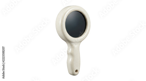 Ceramic hand mirror with reflective surface during studio lighting Isolated on transparent background