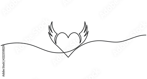 Winged heart continuous line art minimal love symbol vector illustration with editable stroke
