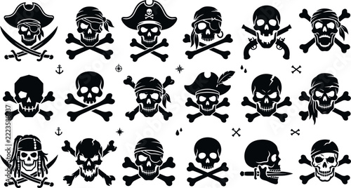 Pirate skull silhouette vector icon set featuring crossbones captain hat eye patch cutlass swords and jolly roger elements for halloween party tattoos clothing print graphic layout