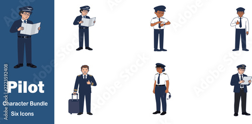 Set of professional airline pilot characters in uniform performing