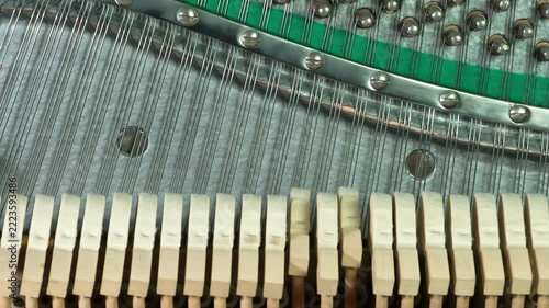 Neat Rows of Hammers and Strings. Piano hammers alternately run in different directions, striking the strings