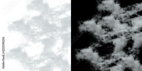 Realistic transparent wispy clouds isolated on black background for graphic overlays.