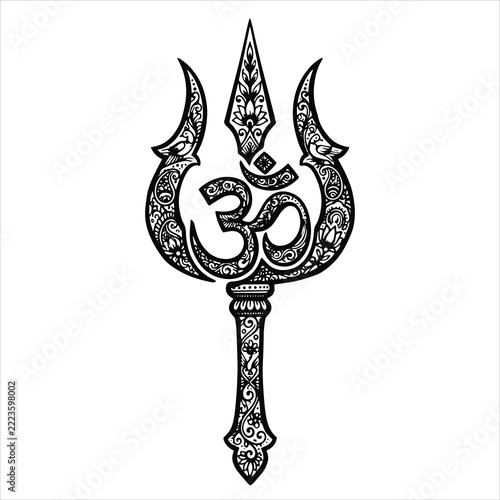 Ornate Trishul with Om symbol vector illustration, Lord Shiva ornamental trident black silhouette isolated on white background