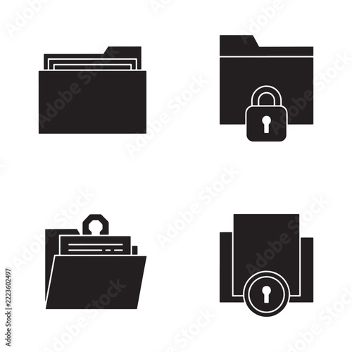 Folder icons with lock symbols black silhouettes on white background