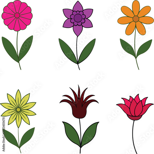 A set of colorful flower line art illustration 
